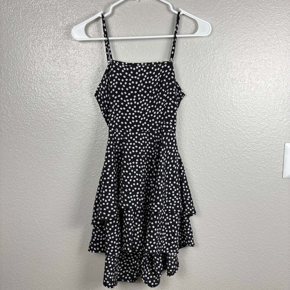 Size XS Black White Floral Layered Dress-Style Adjustable Spaghetti Strap Romper